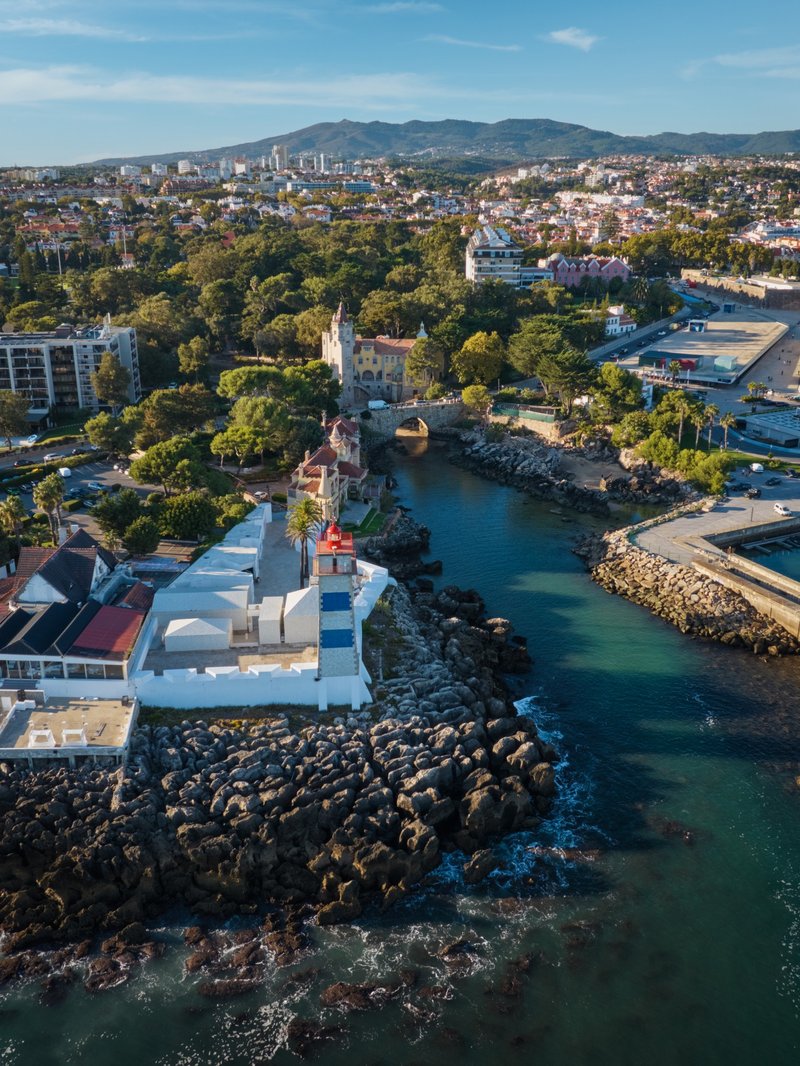 The Santa Marta lighthouse and the marina at Cascais from the air